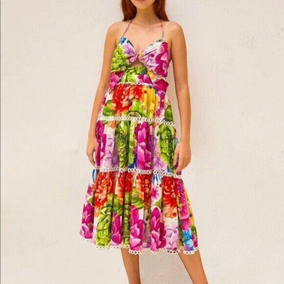 FARM Rio Rainbow Chita Flower Midi Dress Floral Crochet 3D Small S NWT - Picture 2 of 4